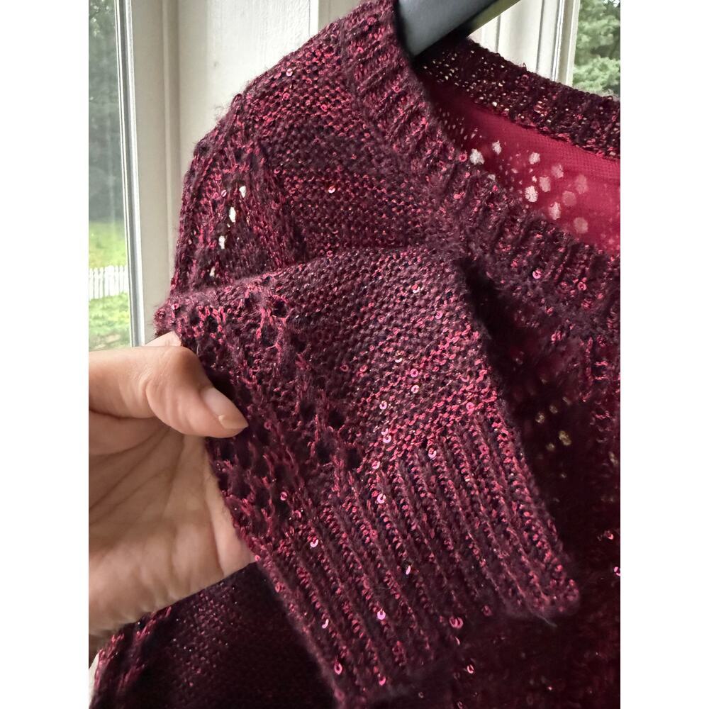 Burgundy Metallic Sequin Open Knit Sweater Small Holiday Party Cable Knit - Picture 2 of 6